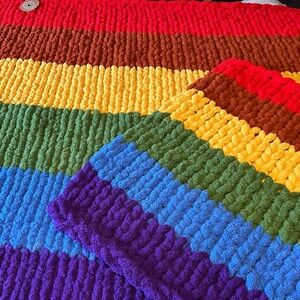 Handmade chunky knit rainbow pride matching Adult throw with pet bed.
